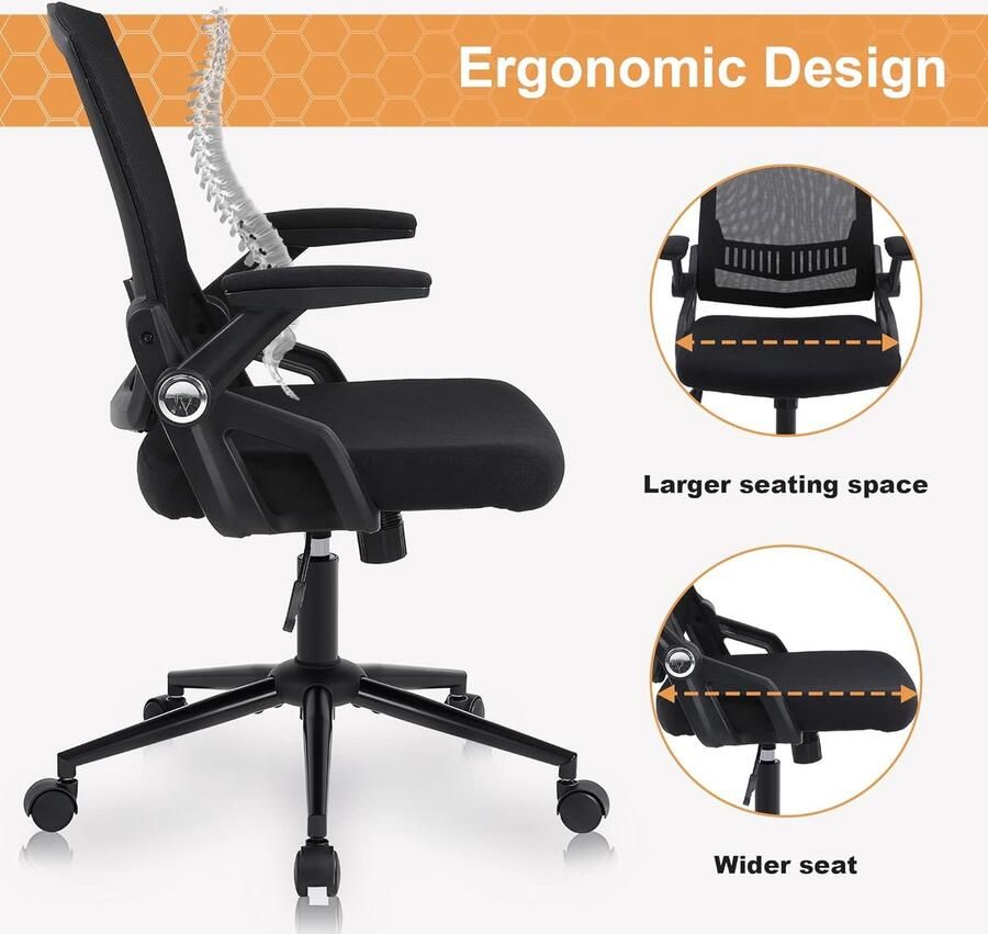 Bureaustoel Office Chair met opklapbare armleuningen ergonomic chair computerstoel met gewatteerde arm en zitting ergonomische bureaustoel voor thuis en op kantoor