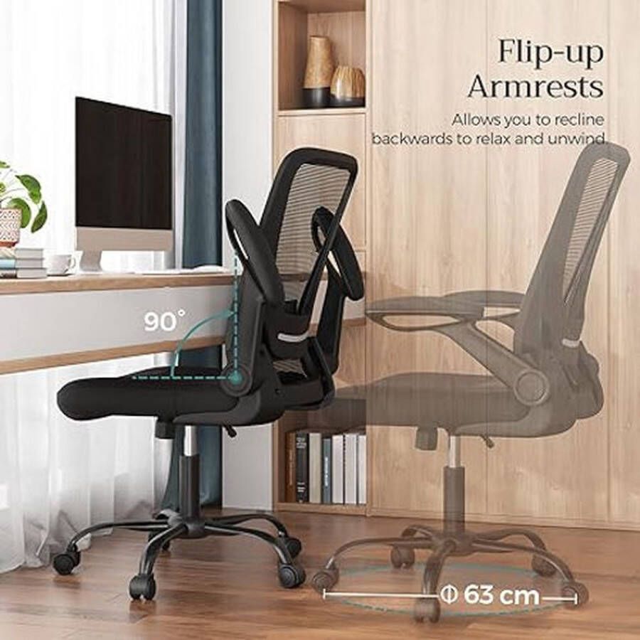 Bureaustoel office chair met opklapbare armleuningen ergonomische computerstoel 360°-draaistoel verstelbare lendensteun zwart OBN37BK