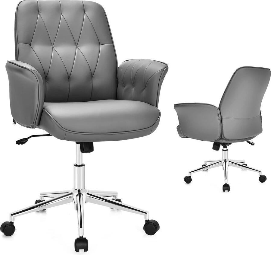Bureaustoel PU-leer ergonomische bureaustoel in hoogte verstelbare draaistoel met armleuningen voor thuiskantoor kantoor gewatteerde computerstoel draaibare directiestoel grijs