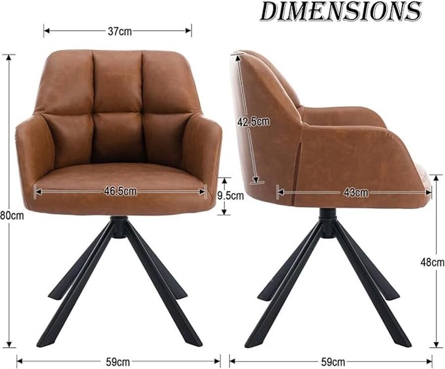 Bureaustoel PU leer – Gestoffeerde fauteuil voor thuis- of kantoor 360° draaibaar metalen poten – Bruin