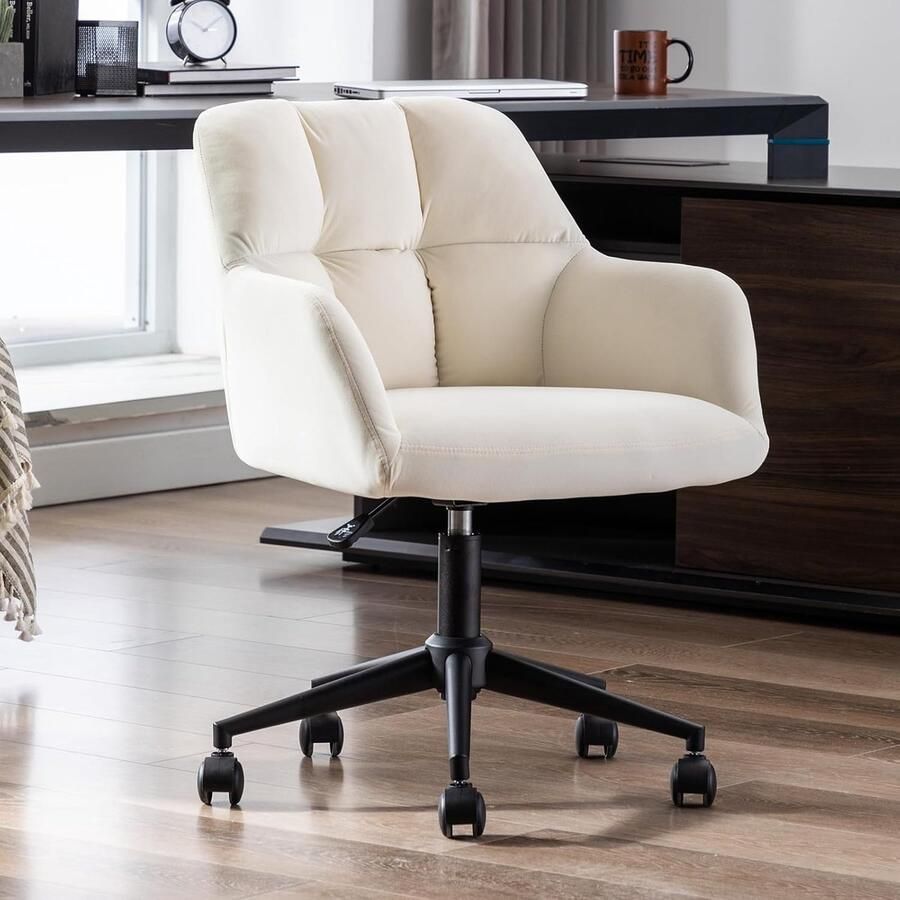 Bureaustoel van fluweel – Beige – Met wieltjes – In hoogte verstelbaar – Comfortabele rugleuning – Homeoffice