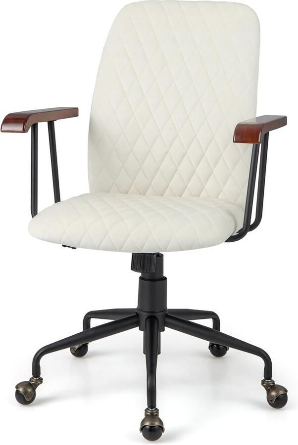 Bureaustoel van fluweel in hoogte verstelbare draaistoel bureaustoel tot 150 kg belastbaar ergonomische fluwelen stoel met gemiddelde rugleuning gevoerde zitting armleuningen van hout