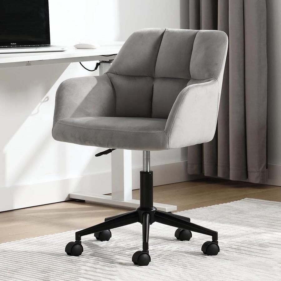 Bureaustoel van fluweel met wielen – Verstelbare draaistoel met dikke rugleuning voor thuiswerk studeerkamer & slaapkamer grijs