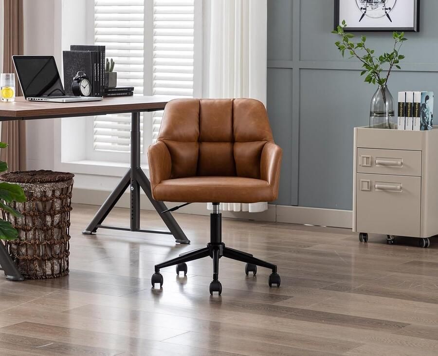 Bureaustoel van PU-kunstleer met wielen – Verstelbare draaistoel met dikke rugleuning voor thuiswerk studeerkamer & slaapkamer bruin
