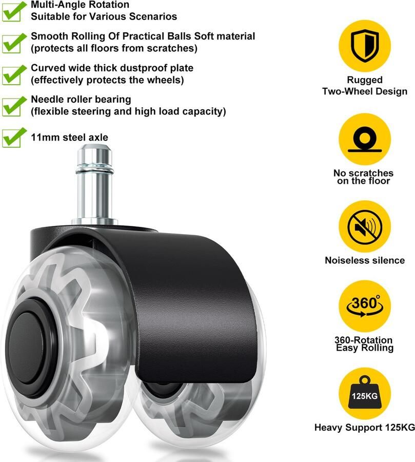 Bureaustoel Wieltjes 360 graden transparante zwenkwielen -Bureaustoelwielen krasvrij Slijtvast Bescherming tegen krassen -voor bureaustoel en zachte vloer tapijttegels 20 Stuks 11x22 mm