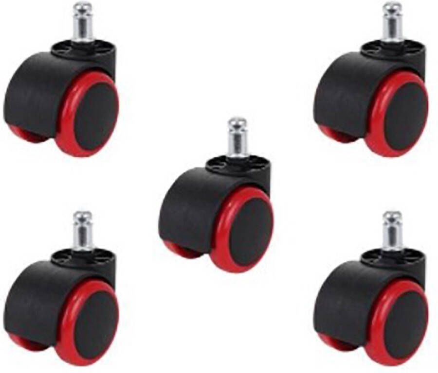 Bureaustoel wieltjes universeel Set van 5 stuks Reserve wielen Diameter stift 11mm Rood Zwart