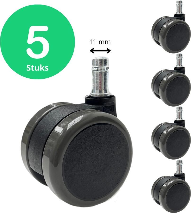 Bureaustoel wieltjes Zwenkwielen Geschikt voor harde vloer Bureaustoelwielen 11mm- Set van 5 Thuiswerken zonder Bureaustoelmat of Vloerbeschermer