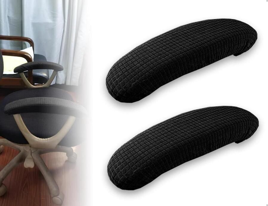 Allecto Plus Bureaustoelhoezen Set van 2 Waterdicht en rekbaar Voor thuis en studenten Zwart Armleuningbeschermers handsteunbescherming Bureau stoel afdekking