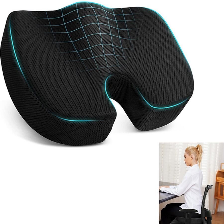 Bureaustoelkussen Autostoelkussen Antislip Verlicht ischias Vermindert de druk op de heupen Verlicht staartbeenpijn Traagschuim Gemakkelijk schoon te maken Geschikt voor computerbureaus rolstoelen en autorijden Zwart