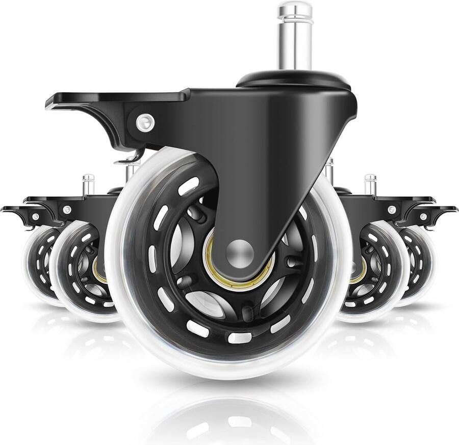 Bureaustoelwielen met Rem 11 mm x 22 mm Geschikt voor Harde Vloeren en Tapijt Stille en Glad Rollende Wielen 5-delige Set Max. 300 kg