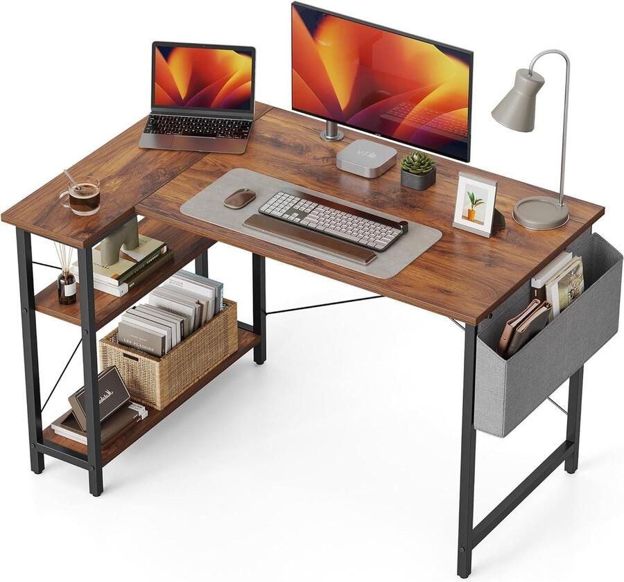 Bureautafel 120 cm Klein L-vormige computerbureau met opbergplanken Diepbruin Studeerkamer Schrijftafel