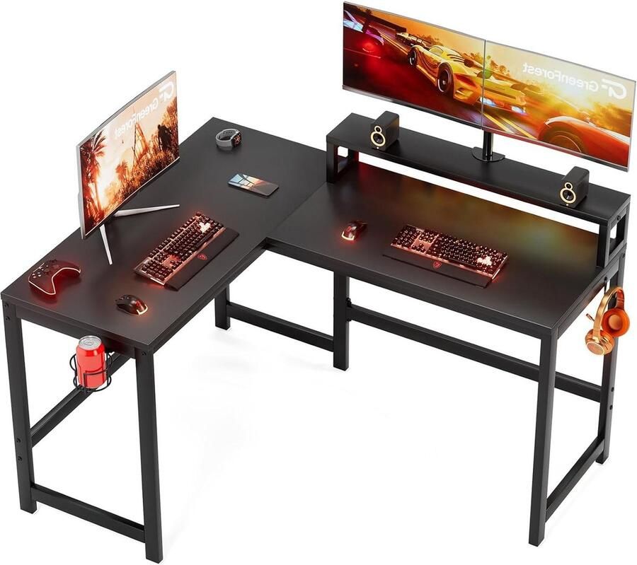 Bureautafel 128 cm L-vormig Computerbureau Hoekbureau met Beker en Haak Werkstation Monitorstandaard Kleine Ruimtes Zwart