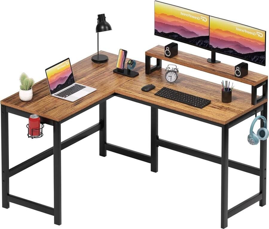Bureautafel Computerbureau L-vormig Hoekbureau met Beker en Haak voor Koptelefoon 128 cm Werkstation Omkeerbaar Monitorstandaard Kleine Ruimtes Walnoot