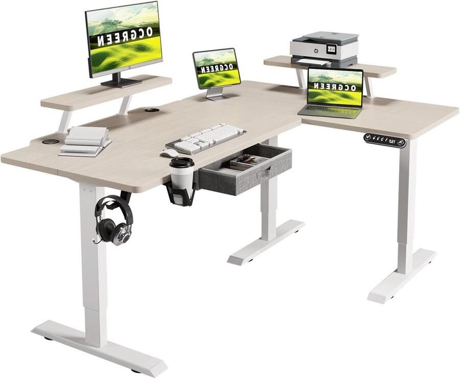 Bureautafel Elektrisch in hoogte verstelbaar L-vorm staand bureau 160 x 76 cm hoekbureau eiken