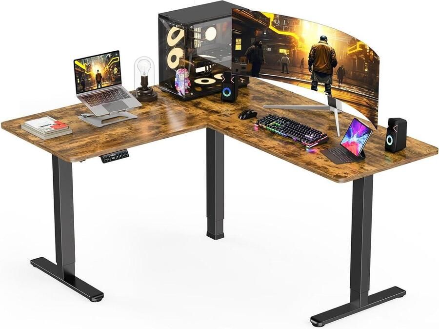 Hoekbureau Elektrisch Verstelbaar L-vormig 63 inch Dubbele Motor Zit-Sta Groot Thuiskantoor Vintage Bruin Hoekbureau