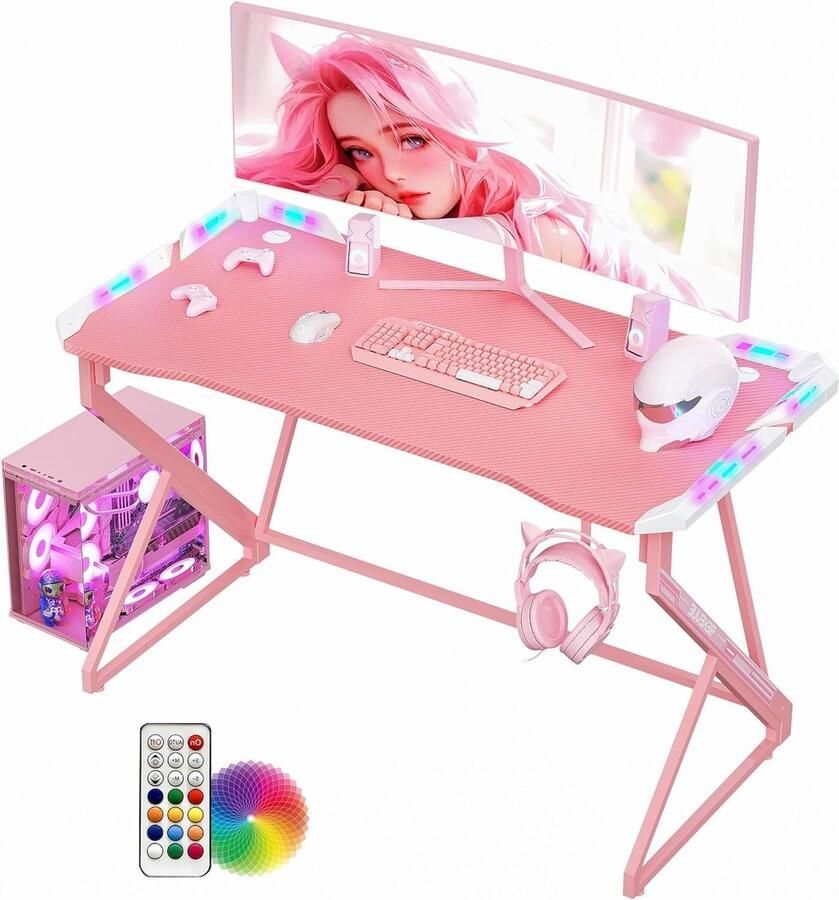 Bureautafel Gaming Bureau LED Pantser 100x60cm Ergonomisch Computerbureau Esport Gamer-tafel Koolstofvezel Z Frame Stabiel Hoofdtelefoonhaak Eenvoudig te Monteren Spelen Studeren Werken Thuis Kantoor