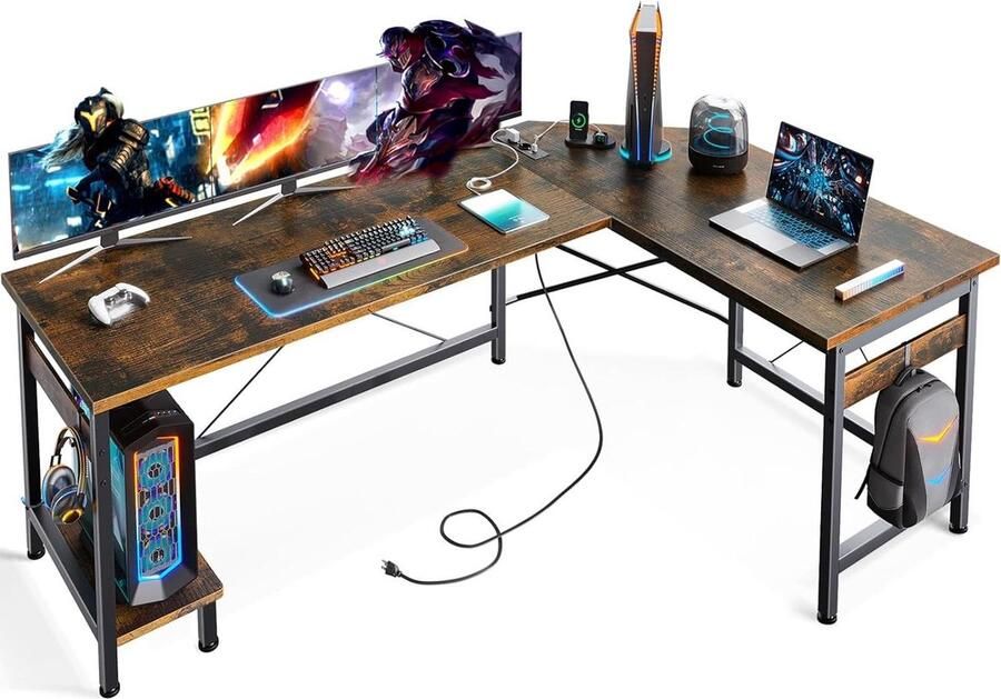 Hoekbureau Gamingtafel met stopcontacten en USB-oplaadpoort L-vormig thuiskantoorbureau vintage bruin 150 x 120 cm Hoekbureau