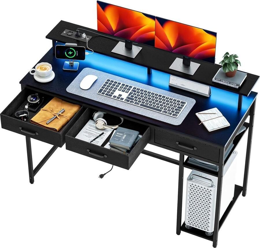 Bureautafel gaming met 3 laden 120 cm breed verlichting pc-hoekbureau monitorstandaard thuiswerkplek opbergruimte zwart
