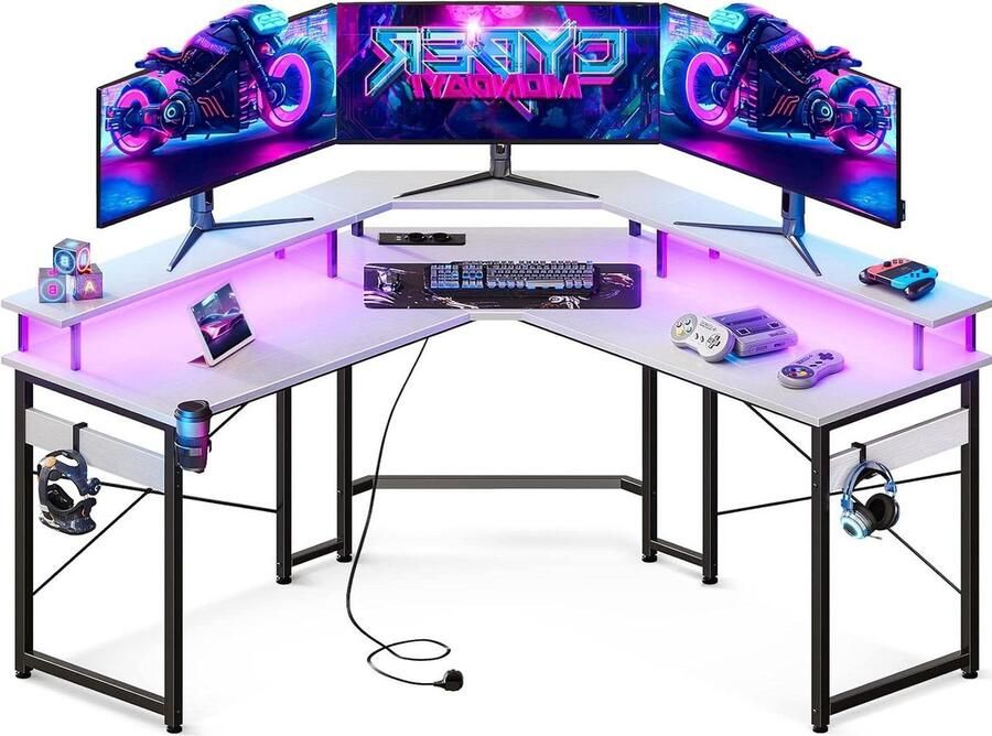 Bureautafel Gaming-tafel met stopcontacten en usb-oplaadaansluitingen Hoekbureau wit met royale monitorplank voor gaming en thuiskantoor 129 x 129 cm