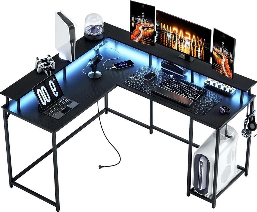 L-Vormig Bureau Gamingbureau met Stopcontact L-Vormige Computertafel 136 cm Hoekbureau met LEDverlichting Bureautafel PC-Tafel Bureau Monitorstandaard Opslag Zwart