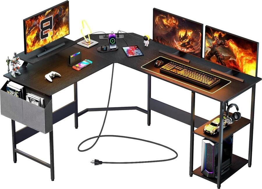 Bureautafel Hoek Computerbureau Stekkerdoos 150x120cm L-vormig Ergonomisch Gaming Bureau PC Gamertafel Verplaatsbare Monitorstandaard Zijvak Koptelefoonhaak Speel Werk Thuis