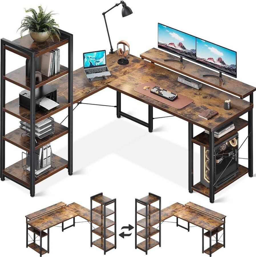 Bureautafel hoekbureau 155 x 140 cm omkeerbaar computertafel met boekenkast verstelbare lange monitorstandaard L-vorm werkkamer thuiskantoor vintage bruin