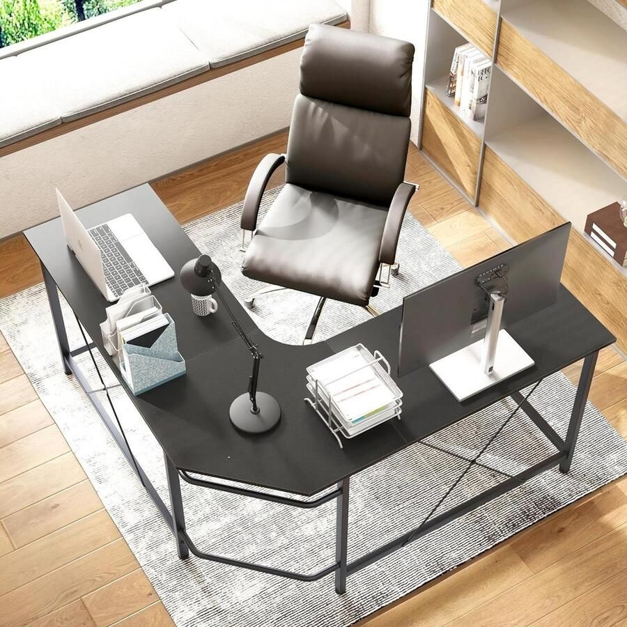 Bureautafel hoekbureau computerbureau in L-vorm groot gamebureau PC-tafel hoekcombinatie bureau 150-150 cm LD-Z01-WN-SH met opbergruimte