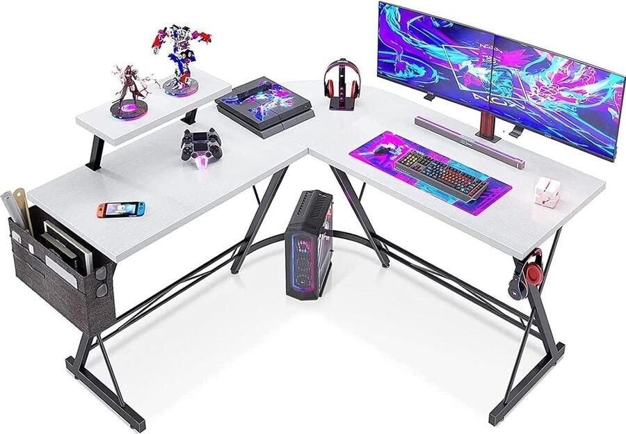 Hoekbureau Gaming bureau computertafel wit ronde hoek gamingtafel monitorplank 127 x 127 cm Hoekbureau