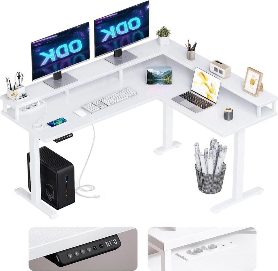 Bureautafel Hoekbureau in hoogte verstelbaar L-vorm met elektrisch bureau 150 x 120 cm wit