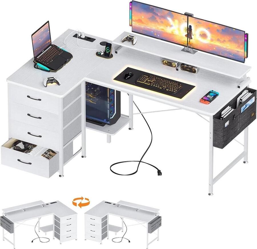 Bureautafel Hoekbureau L-vorm 140 x 80 x 84 cm 4 laden USB-oplaadpoorten stopcontacten monitorplank wit