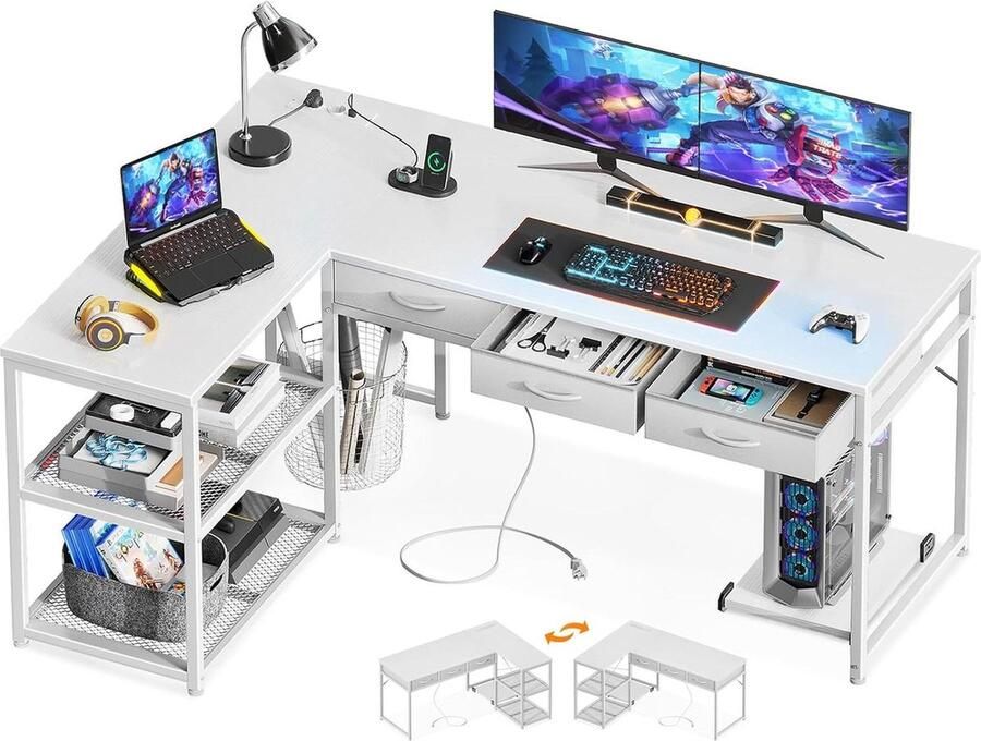 Bureautafel hoekbureau wit met laden en stopcontacten gaming thuisbureau 135 x 100 cm