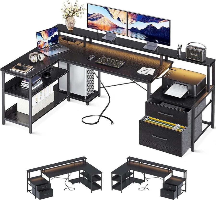 Bureautafel L-vorm gamingbureau met stopcontacten USB-oplaadaansluiting led zwart aktlade opbergrekken 1725 x 100 cm
