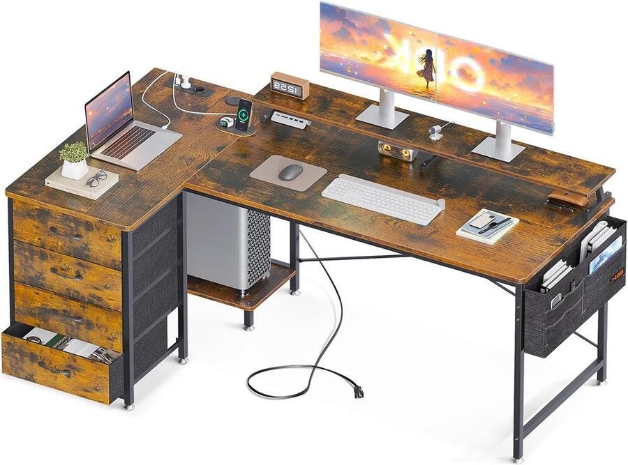 Bureautafel L-vorm omkeerbaar 160 x 80 x 847 cm hoekbureau met 4 laden 2 USB-oplaadaansluitingen 2 stopcontacten monitorplank voor thuiskantoor