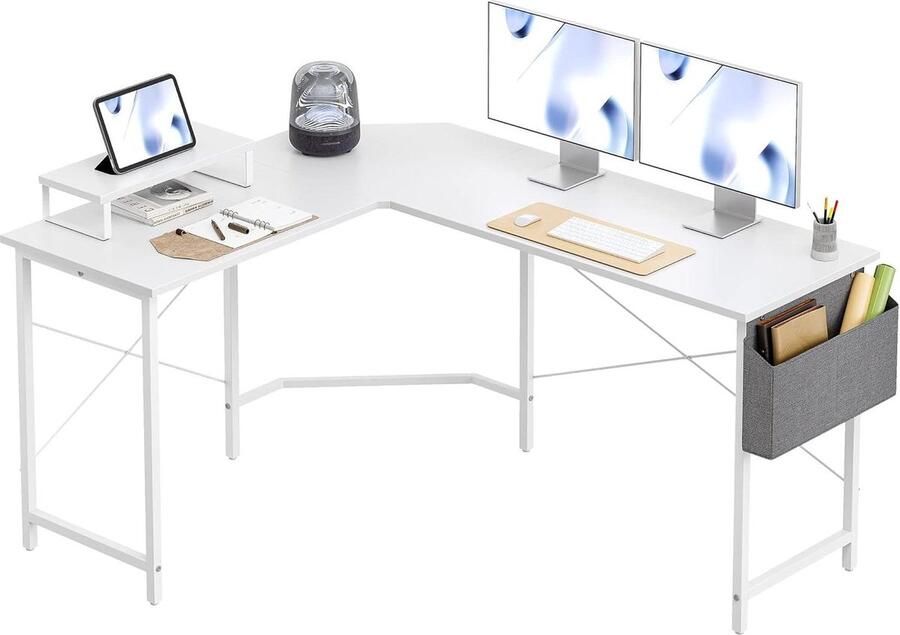 Bureautafel L-vormig 150 x 120 cm hoekbureau stabiel voor gaming met monitorstandaard opbergtas wit