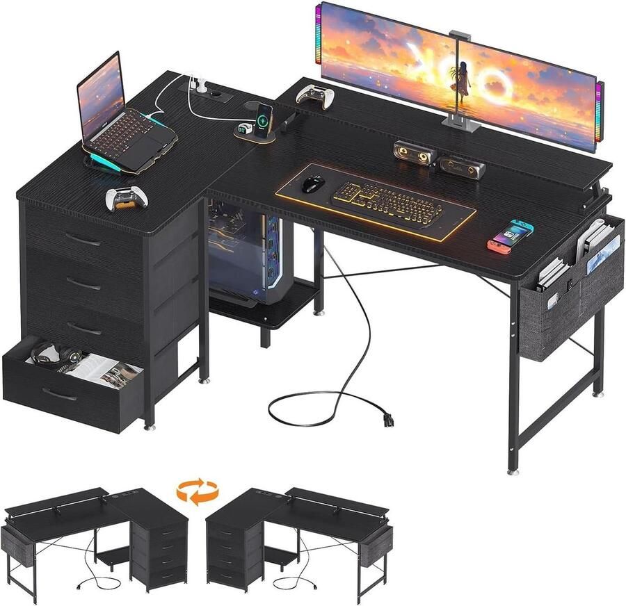 Bureautafel L-vormig bureau met USB-laadaansluiting en stopcontact hoekbureau zwart 4 laden monitorplank thuiswerkplek 140 x 80 x 84.7 cm