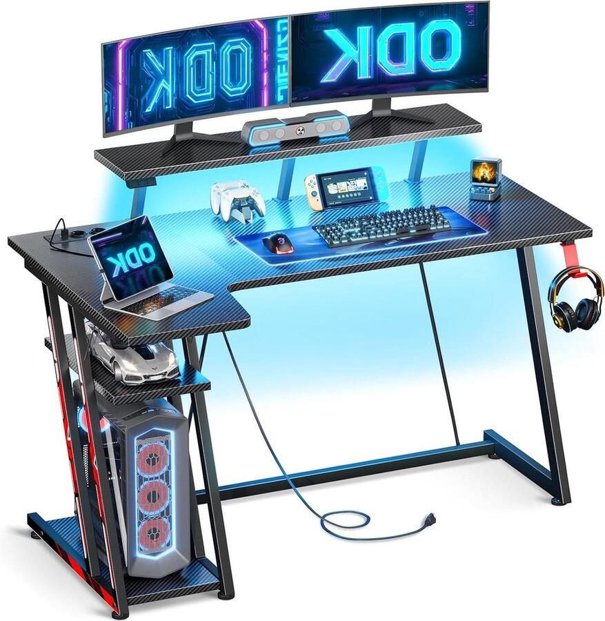 Bureautafel L-Vormig Gaming Bureau met LED en Stopcontacten Gaming Hoekbureau met Monitorstandaard PC Computer Bureau met Opbergruimte Carbon Fiber Zwart (120 cm)