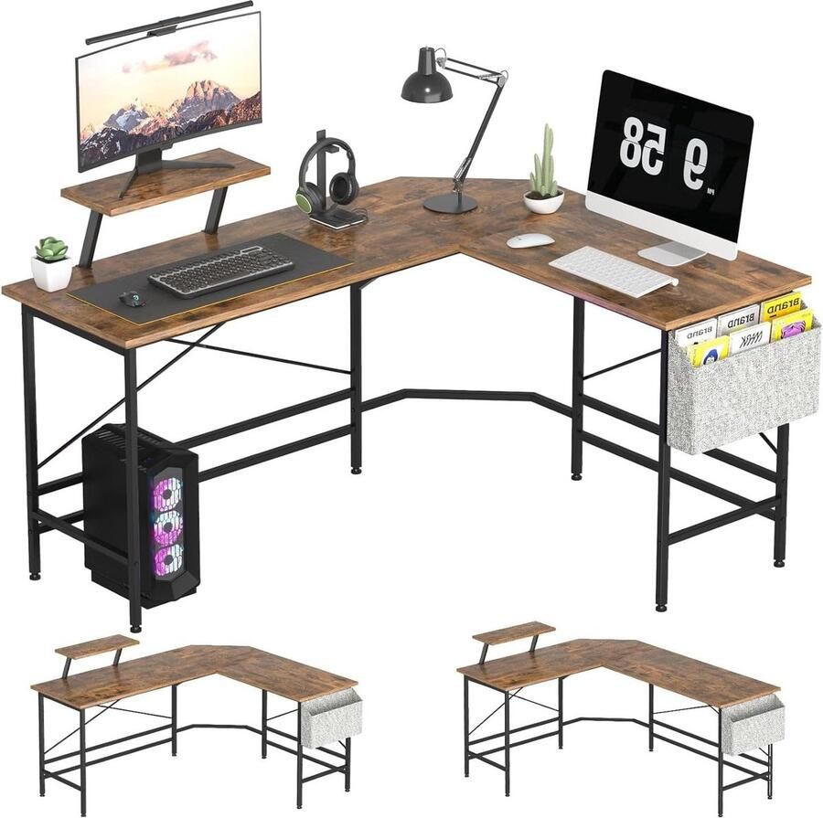 Bureautafel L-vormig hoekbureau bruin omkeerbaar-industriële computertafel 150 x 48 x 75 cm gamingtafel voor werkkamer en kantoor
