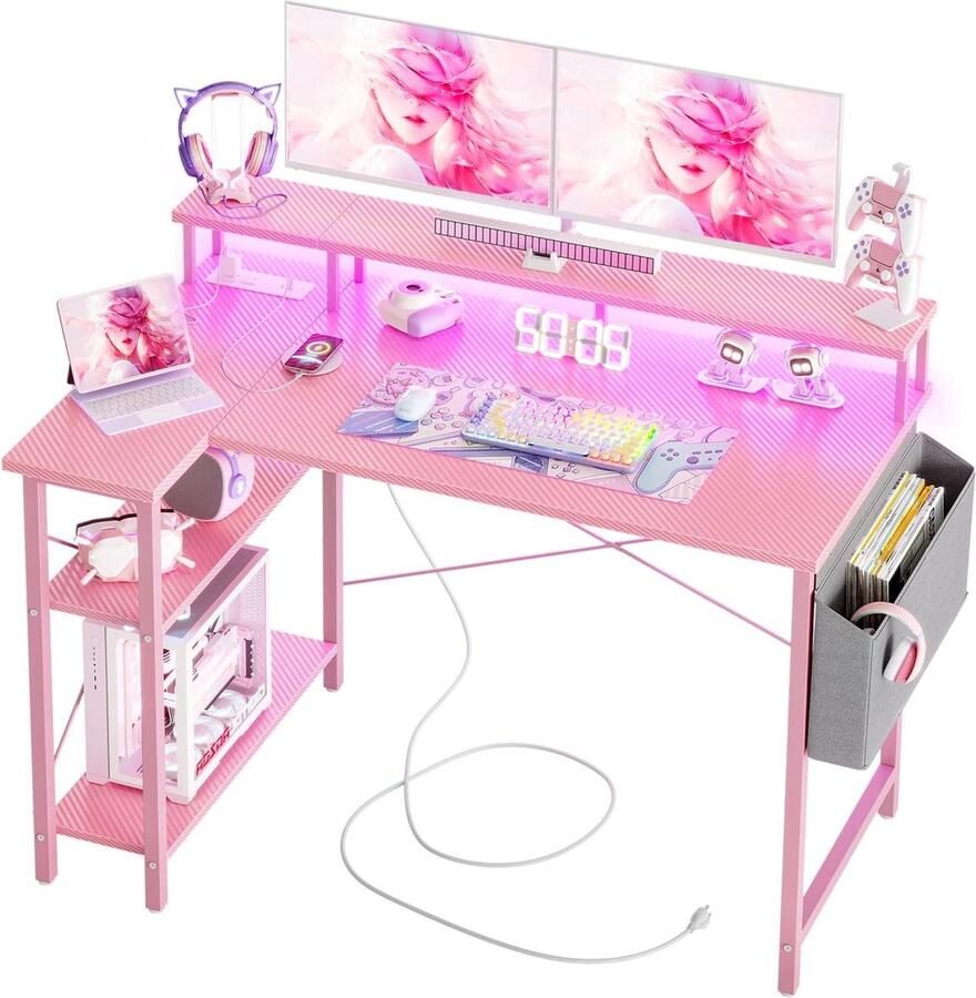 Bureautafel L-vormig Hoekbureau Stopcontacten LED 120x80 cm Hoekcomputerbureau Schrijftafel Omkeerbare Grote Opbergplanken Boekenplank Werkstation voor Studie Speel Werk Slaapkamer Thuis Kantoor