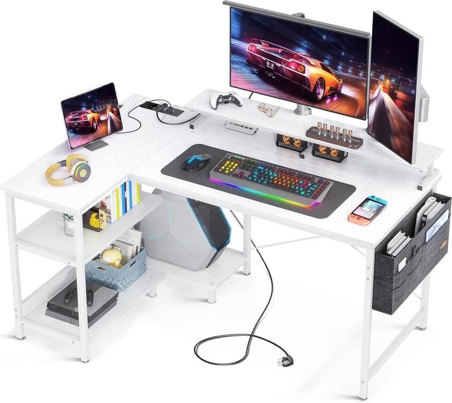 Bureautafel L-vormig hoekbureau wit met USB-oplaadpoort gamingtafel met rek omkeerbaar monitorstandaard