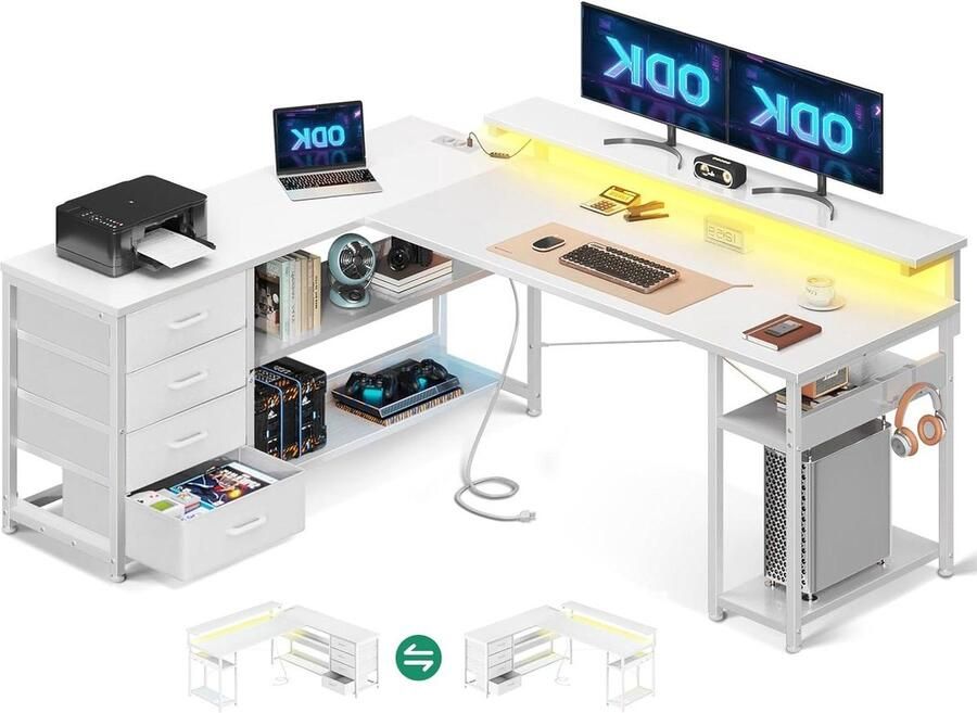 Hoekbureau Bureau met laden Omkeerbaar Stopcontacten USB-oplaadpoorten LED L-vormig Thuiskantoor Wit 155 x 110 cm Hoekbureau
