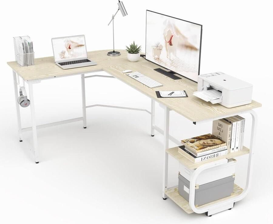 Bureautafel L-vormige computerbureau met G-planken voor thuis kantoor hoek computerbureau groot beige