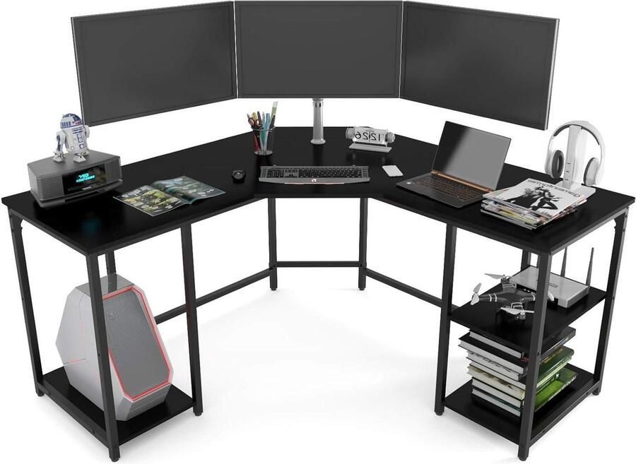 Bureautafel L-vormige computertafel met 4 opbergvakken gaming hoekbureau robuuste schrijf- en werkplek pc-laptoptafel zwart