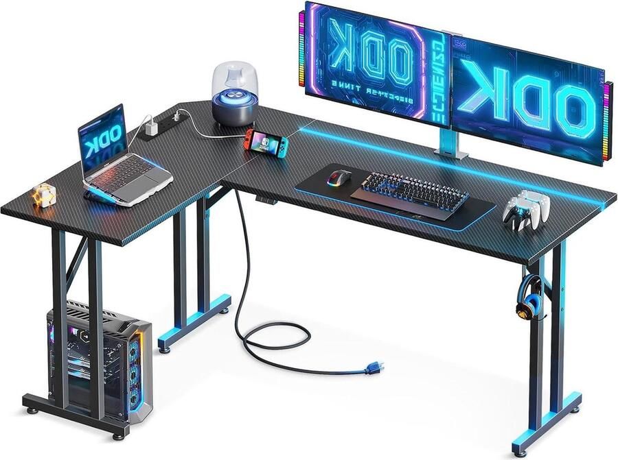 Bureautafel L-Vormige Gaming Bureautafel met LED en Stopcontacten Gaming Hoekbureau Carbon Fiber Zwart 140×100 cm