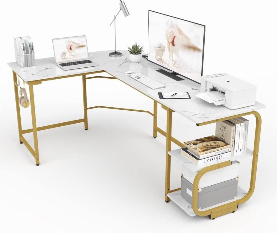 Bureautafel L-vormige Hoekbureau met G Planken voor Home Office Corne Groot Wit+Goud Frame