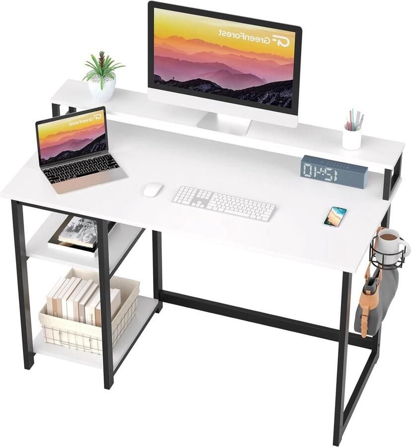 Bureautafel met Volledige Monitor Stand- Computerbureau 100 X 50cm- Omkeerbare Opslagplanken- Home Office Bureau- Hoofdtelefoon Haak- Kophouder- Studie Schrijven Gaming Workstation Tafelwit
