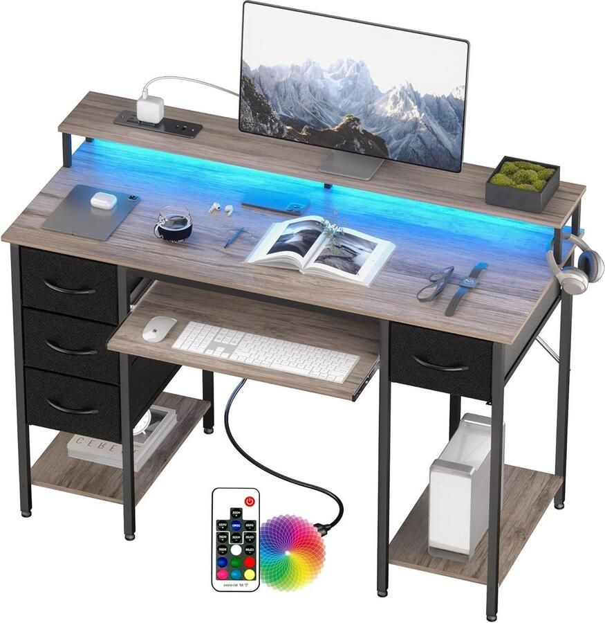 Bureautafel Modern Bureau Stopcontacten LED 120x50cm Gaming Computertafel Toetsenbordlade 4 Omkeerbare Lades Grote Opbergruimte Boekenplank Werkstation voor Studie Speel Werk Slaap Kamer Thuis Kantoor