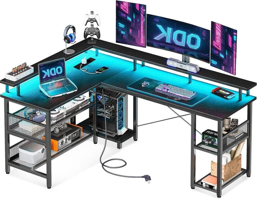 Bureautafel omkeerbaar gaming-bureau met 2 stopcontacten en 2 USB-oplaadpoorten hoekbureau met grote opbergruimte zwart 168 x 120 cm