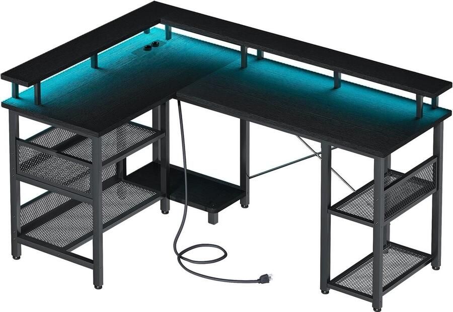 Bureautafel Omkeerbaar Gaming Bureau Met LED Hoekbureau 2 Stopcontacten 2 USB Poorten Zwart Optmale Organisatie Opbergruimte 150 × 102 cm