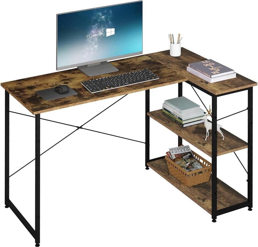 Bureautafel Omkeerbaar hoekbureau 120 cm L-vormige bureautafel met boekenkast en planken werktafel speeltafel vintage bruin van hout en metaal