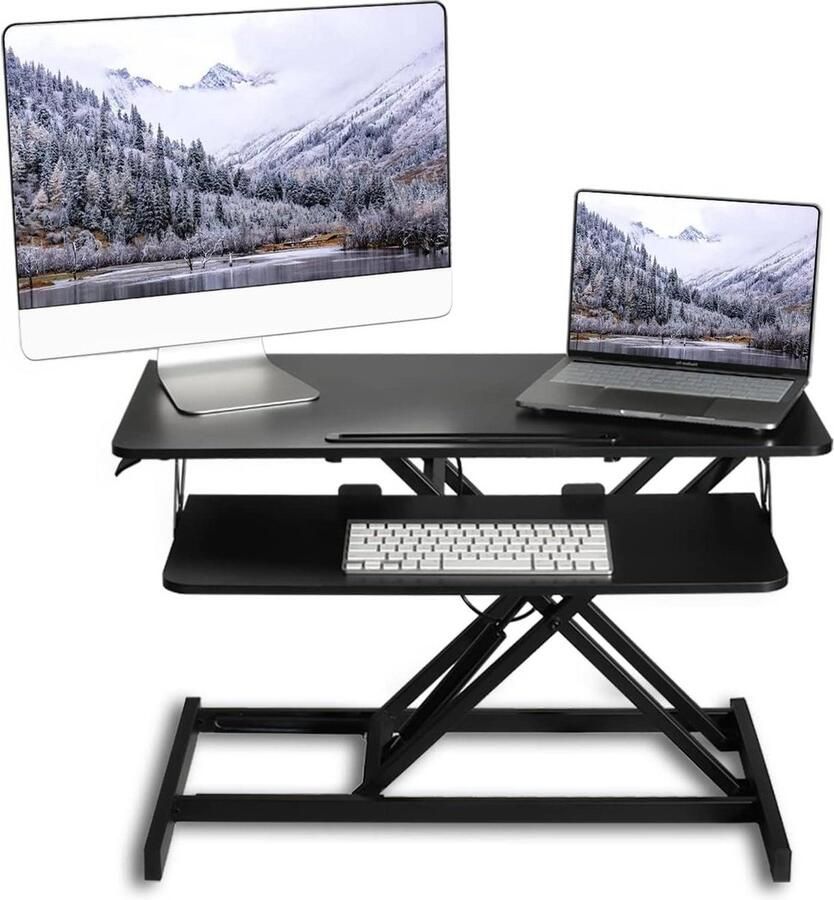 Bureautafel Staande bureau converter in hoogte verstelbare 81cm breed Platform tafelblad werkstation snelle zithoogte naar sta-hoogte Desk Riser voor Dual monitoren Zwart
